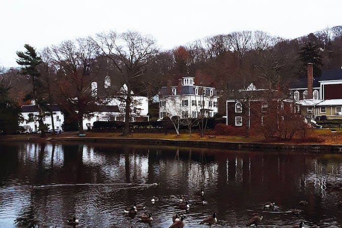 View of Gerry Pond in Roslyn, New York. Old Roslyn is a beautiful gem on Long Island!