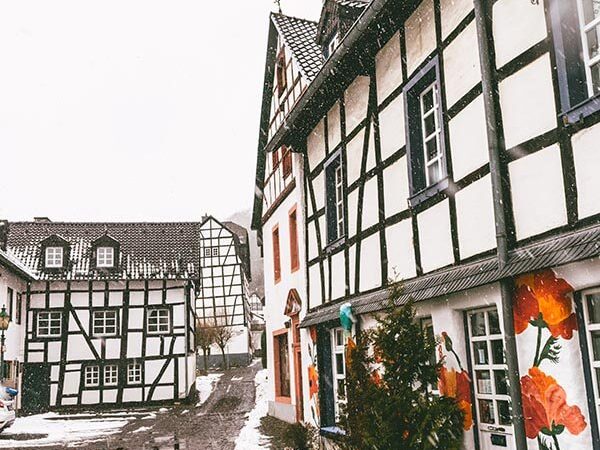 Beautiful half-timbered houses in Blankenheim, Germany in the snow. #germany