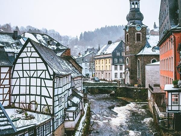 Beautiful view of half-timbered houses from a hotel room in Monschau